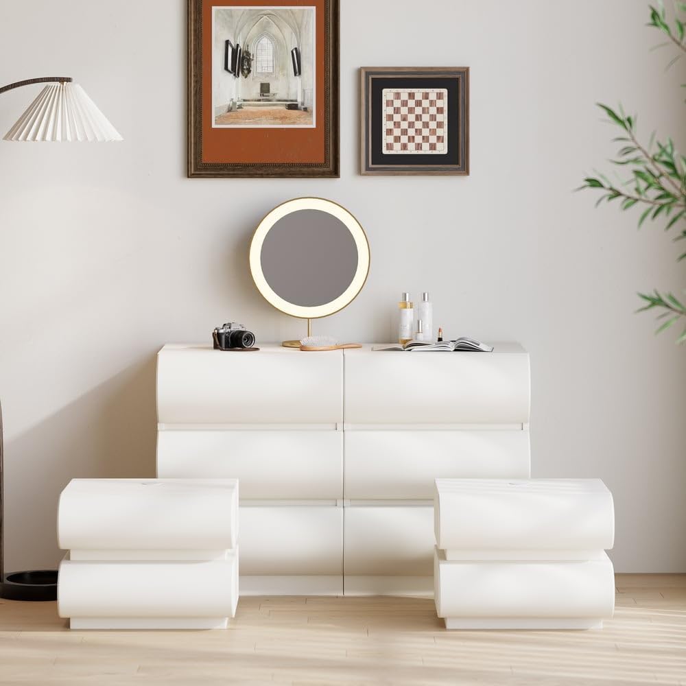 homary White Leather Nightstand with Wireless Charger, Smart Night Stand with Charging Station, Modern Bedside Table with 3 Drawers for Bedrooms Living Rooms Offices