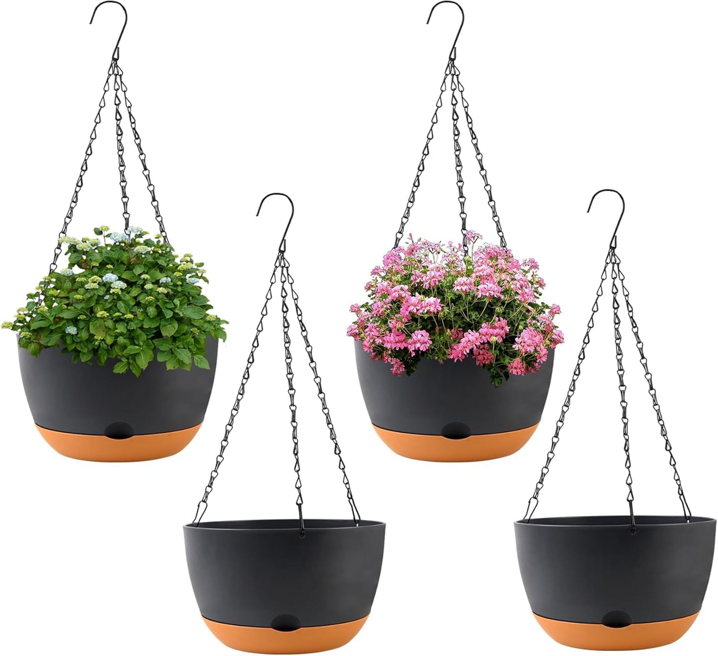 4 Pack Hanging Planter for Plants Indoor,8 Inch Plant Pot Outdoor Plastic Hanging Baskets with Drainage Holes and Chain for Garden Porch Plants(White+Black+Green+Beige)