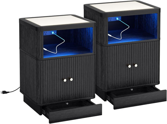 Night Stand with Charger Station, Modern Nightstand Set of 2 with Hidden Drawer, Saddle Leather Top, Smart LED, and Sliding Door Cabinet, for Bedroom, Living Room, Apartment, Dorm, Office, Black
