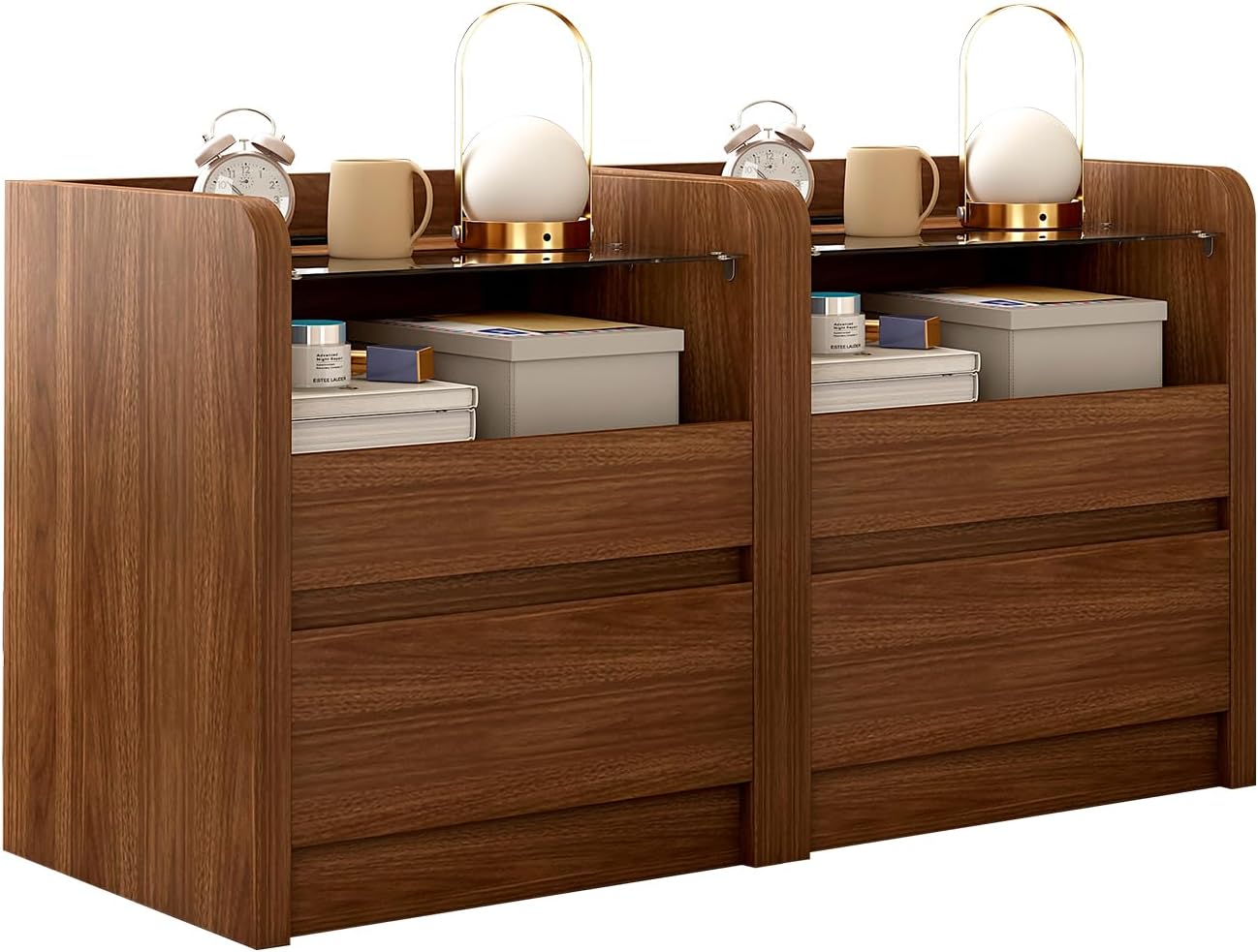 Walnut Nightstand Set of 2 with Charging Station, 21 Inch Wide Night Stand with Drawers, Modern Bedroom Bedside End Table with Round Corners Anti-Collision Design for Dorm, Sofa, Office