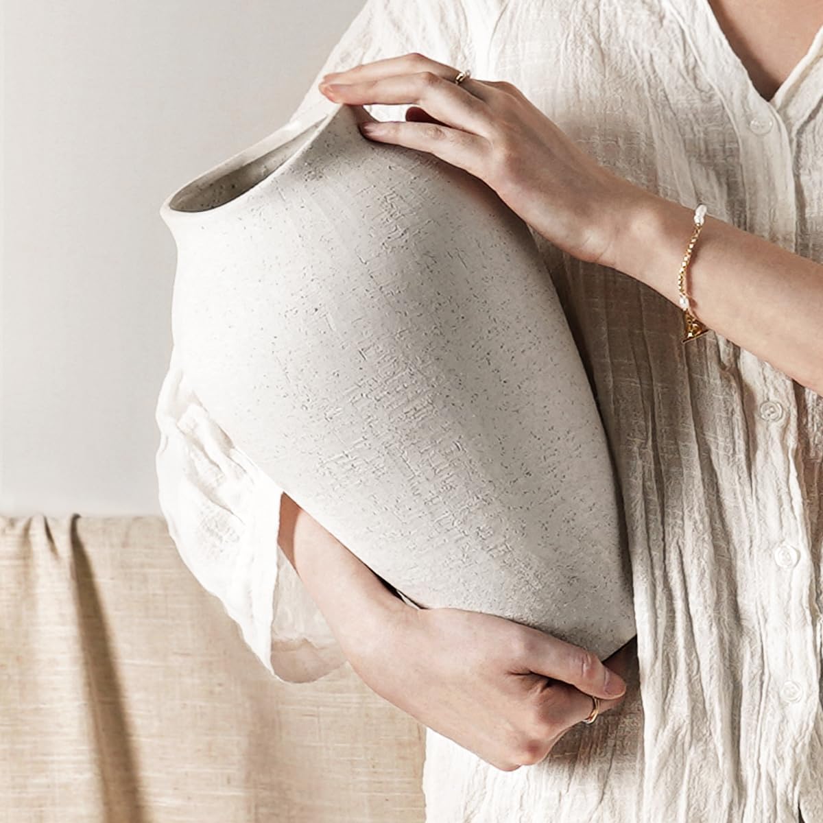 White Ceramic Vase - Large 13.6 Inch Tall Floor Vase for Centerpieces, Farmhouse Rustic Minimalist Home Decor for Living Room, Enterway, Wedding (Sandstone White)