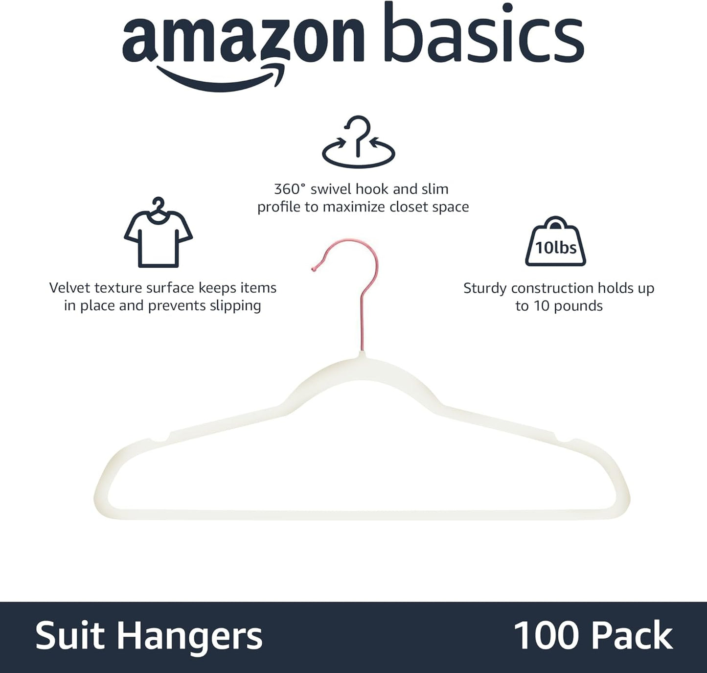 Amazon Basics Slim, Velvet, Non-Slip Suit Clothes Hangers, Ivory/Rose Gold - Pack of 100