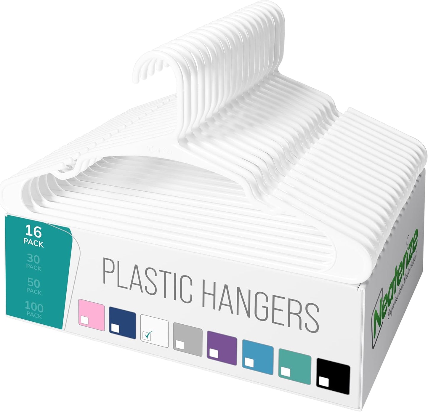 NEATERIZE Clothes Hangers Plastic 100 Pack For Adults - Plastic Hangers, The Perfect Coat Hanger and Space Saving Clothes Hangers for Closet, Percheros Ganchos para Colgar Ropa Hangars - White Hangers