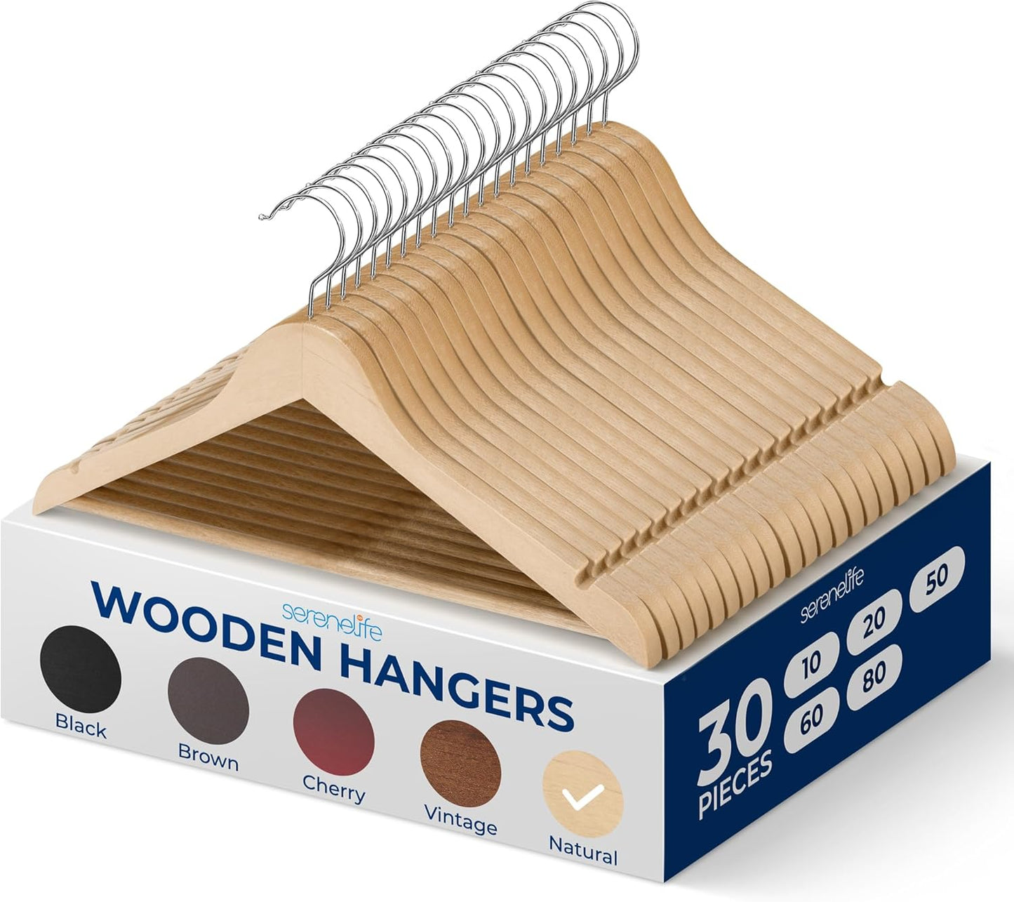 SereneLife 30 Pack Wooden Coat Hangers – Durable Suit Hangers with 360° Swivel Hook & Notches – Slim Design for Shirts, Jackets, Dresses, and More