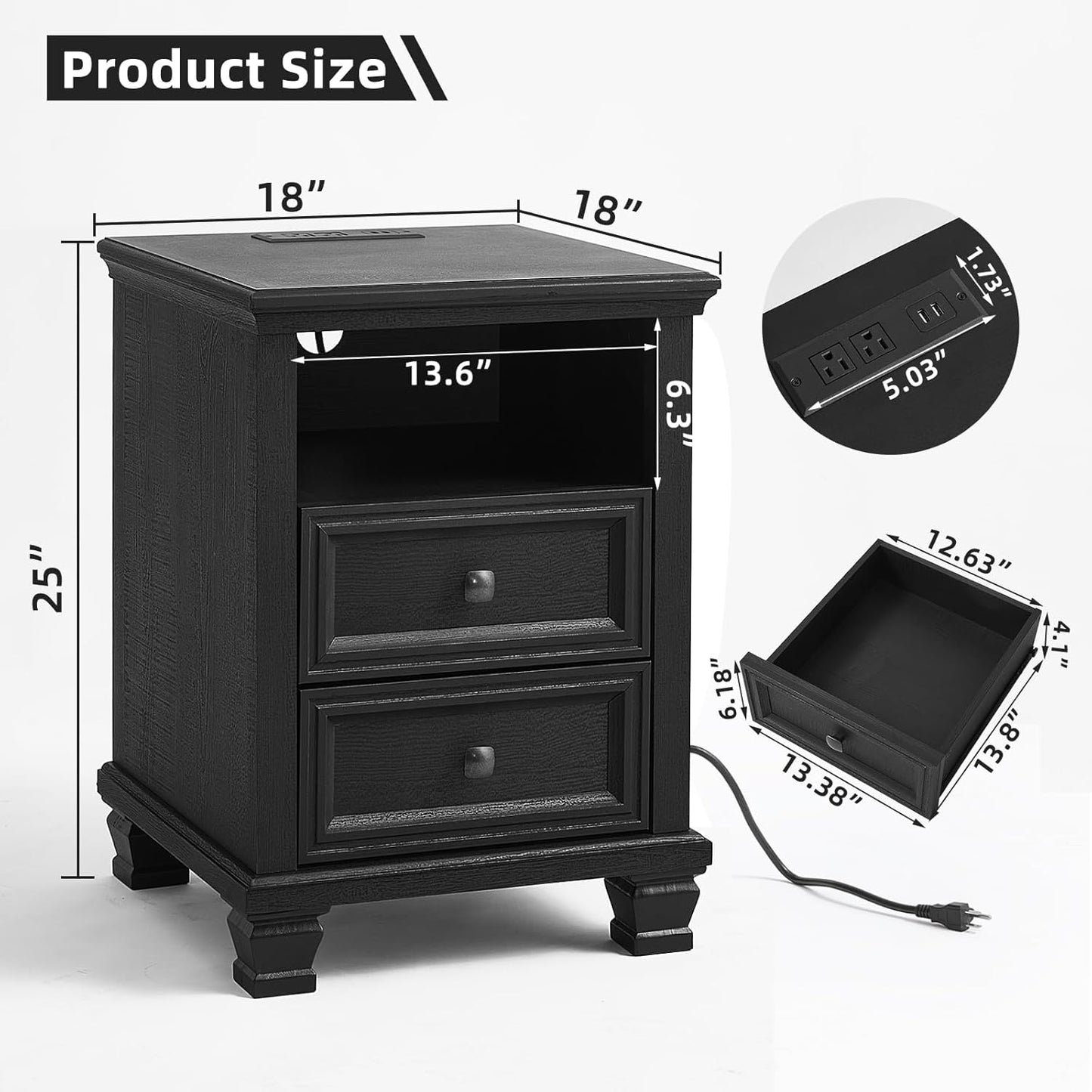 Farmhouse Nightstand Set of 2 with Charging Station, Rustic Black Nightstand,2 Drawers End Table for Living Room,Bedside Table with Open Shelf for Bed Room,Black