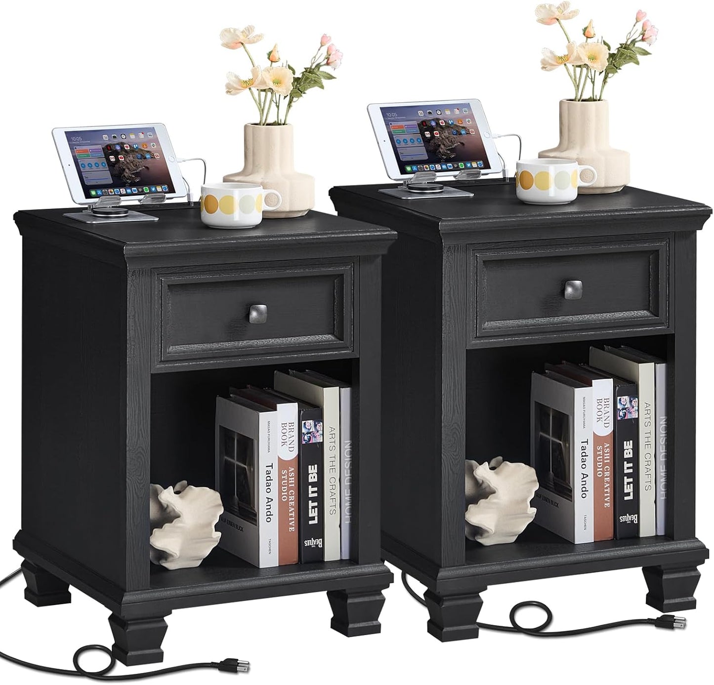 Farmhouse Nightstand Set of 2 with Charging Station, Rustic Black Nightstand,2 Drawers End Table for Living Room,Bedside Table with Open Shelf for Bed Room,Black