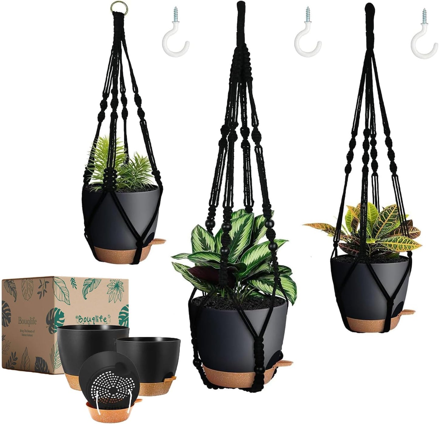 Hanging Planters with Macrame Plant Hangers for Indoor Outdoor Plants 3 Set Self Watering Pots Hanging Baskets Flower Pot Holders 3 Different Size