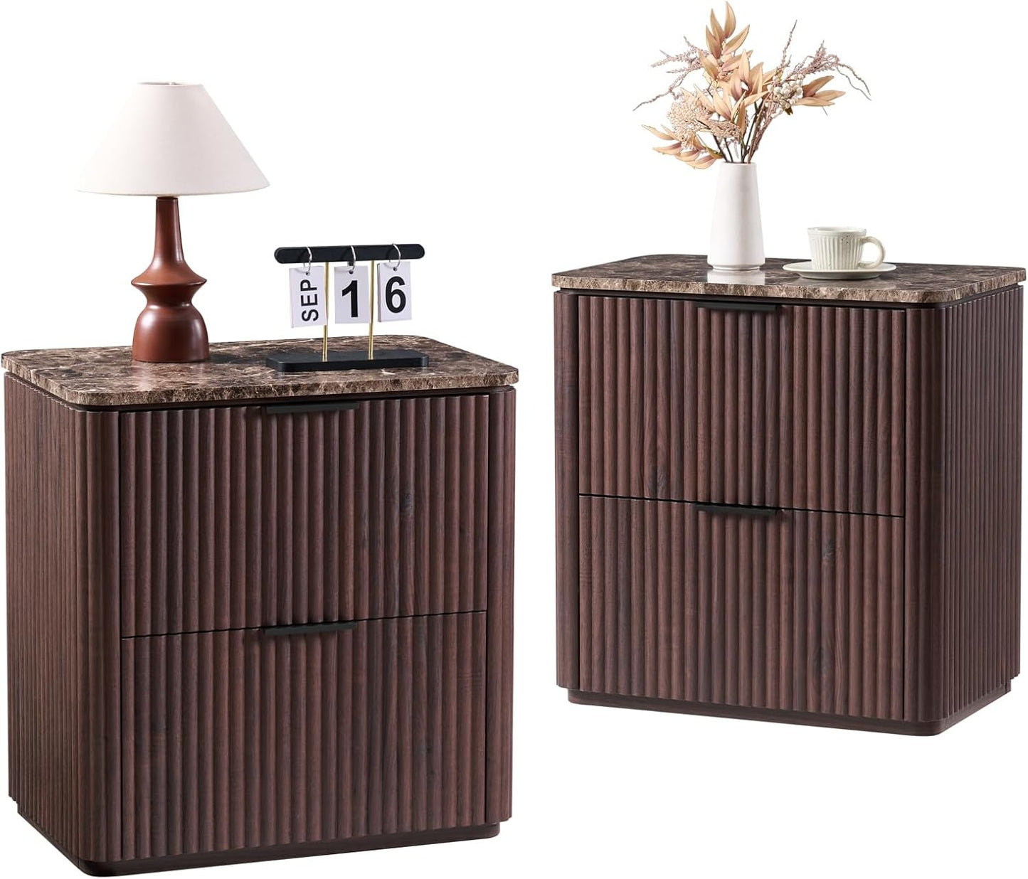 Fluted Nightstand Set of 2, Solid Wood Bedside Table with 3 Drawers, Modern End Table with Faux Marble-Top, Curved Corners, Metal Handle, Large Night Stand for Bedroom, Office, Closet, Natural Oak