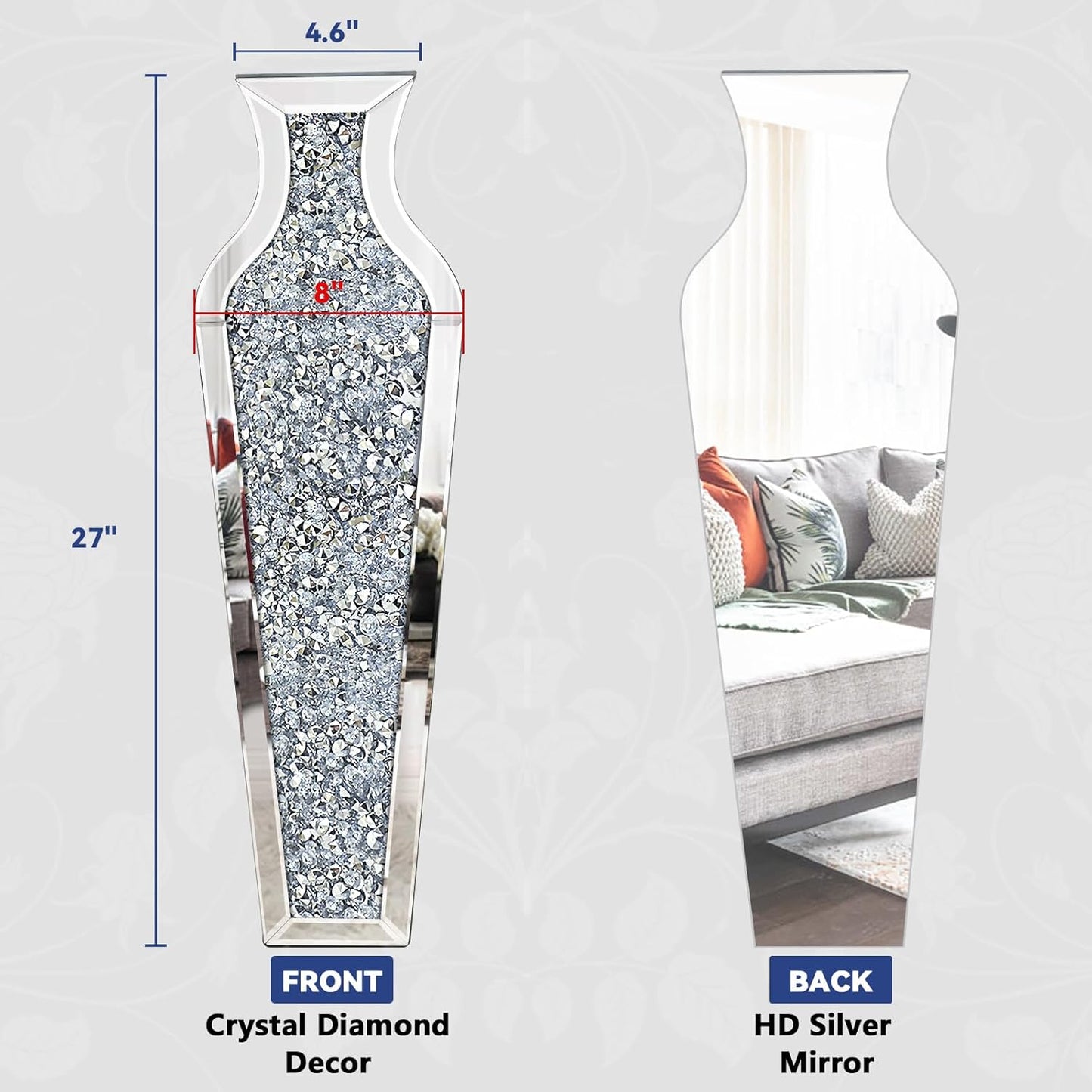 27" Tall Crushed Diamond Floor Vase, Silver Large Vases for Decor Living Room, Crystal Mirrored Home Decor Vases for Dried Flower