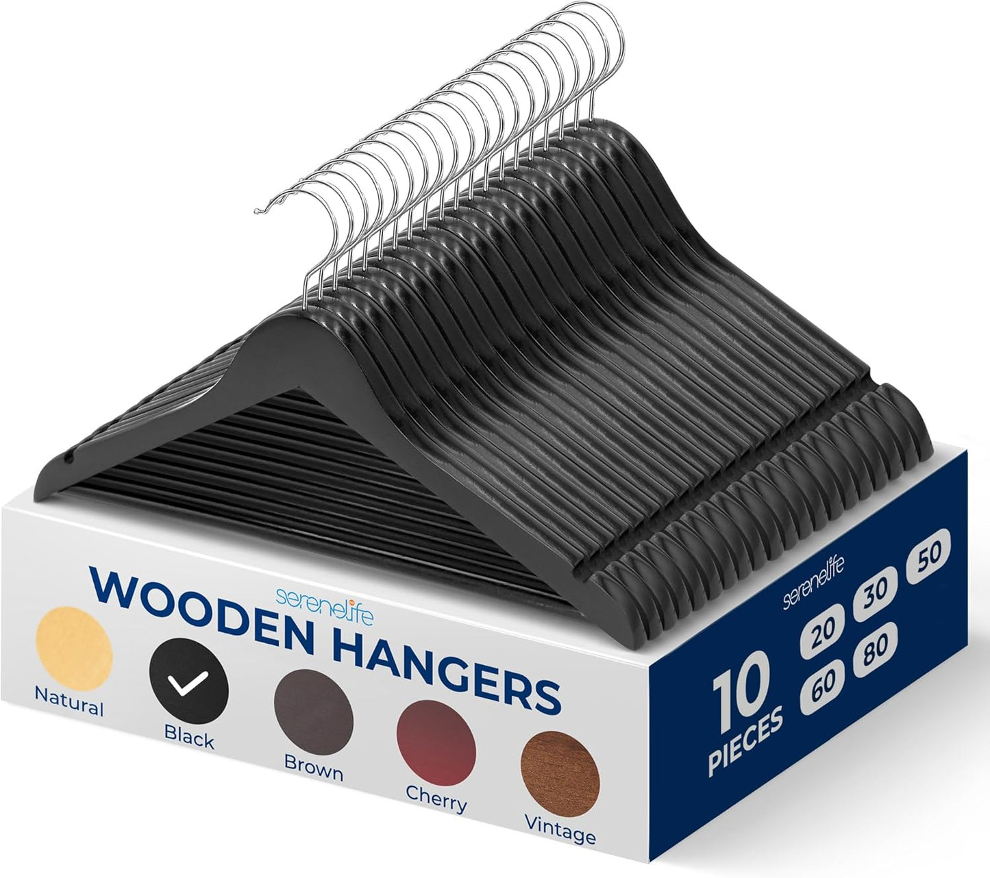SereneLife 30 Pack Wooden Coat Hangers – Durable Suit Hangers with 360° Swivel Hook & Notches – Slim Design for Shirts, Jackets, Dresses, and More