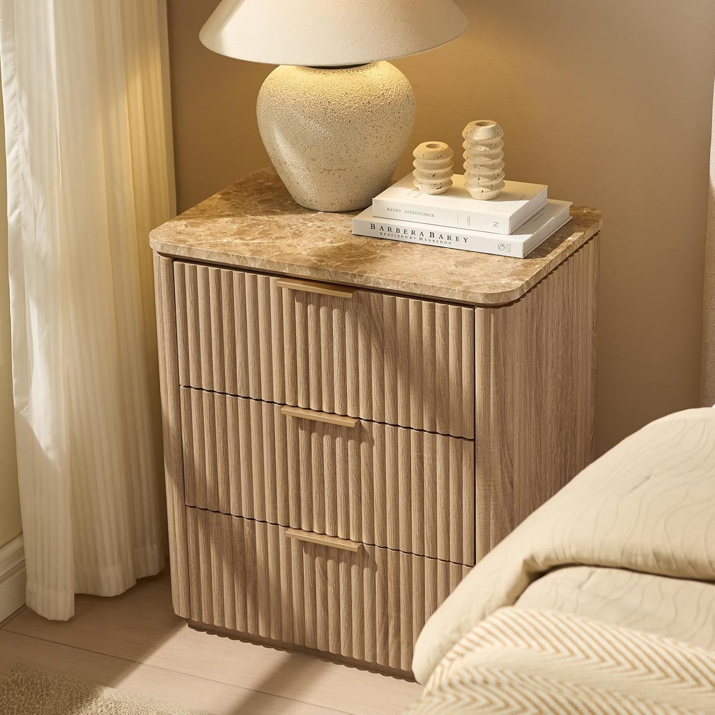Fluted Nightstand Set of 2, Solid Wood Bedside Table with 3 Drawers, Modern End Table with Faux Marble-Top, Curved Corners, Metal Handle, Large Night Stand for Bedroom, Office, Closet, Natural Oak