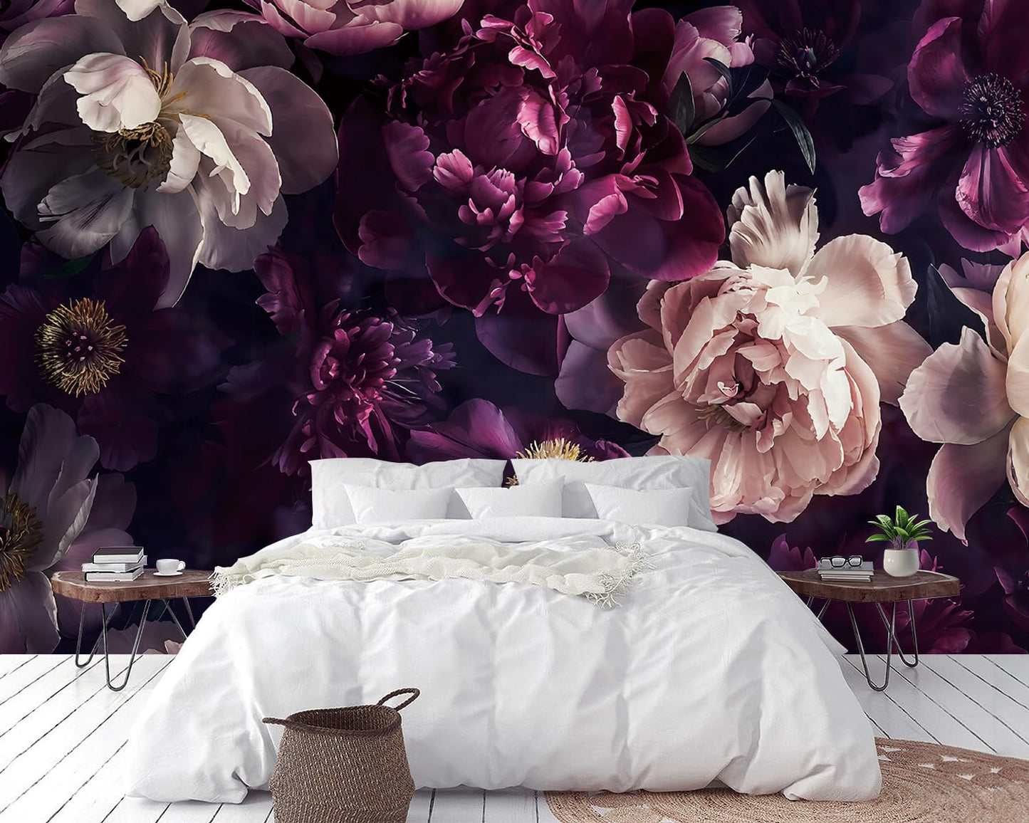 FWIEXA Black Peony Floral Wallpaper, Dark Purple Flower Wall Mural, Green Leaves Mural Wallpaper, Elegant Botanical Wallcovering for Living Room, Bedroom - 141"x96" (Not Peel n' Stick)