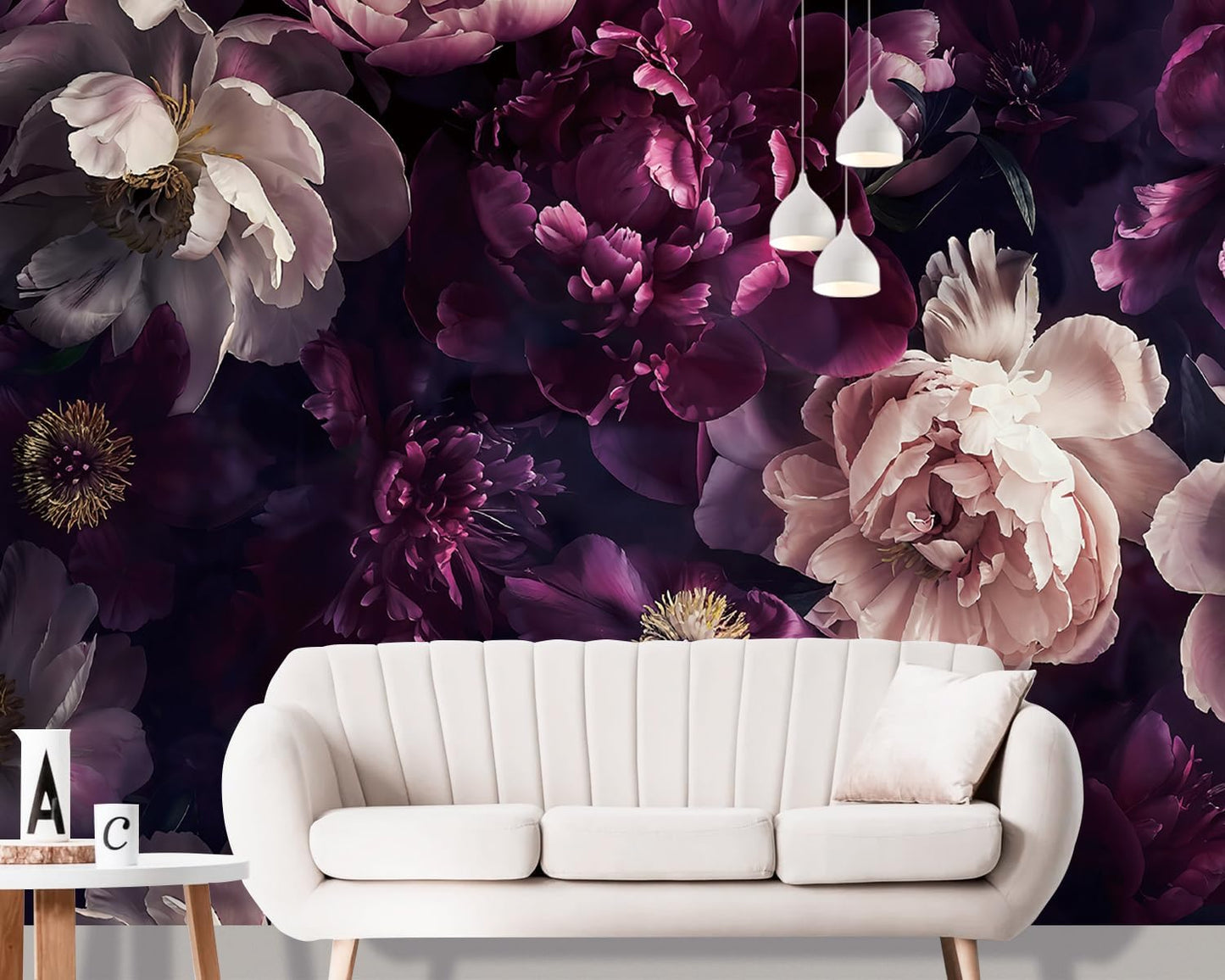 FWIEXA Black Peony Floral Wallpaper, Dark Purple Flower Wall Mural, Green Leaves Mural Wallpaper, Elegant Botanical Wallcovering for Living Room, Bedroom - 141"x96" (Not Peel n' Stick)