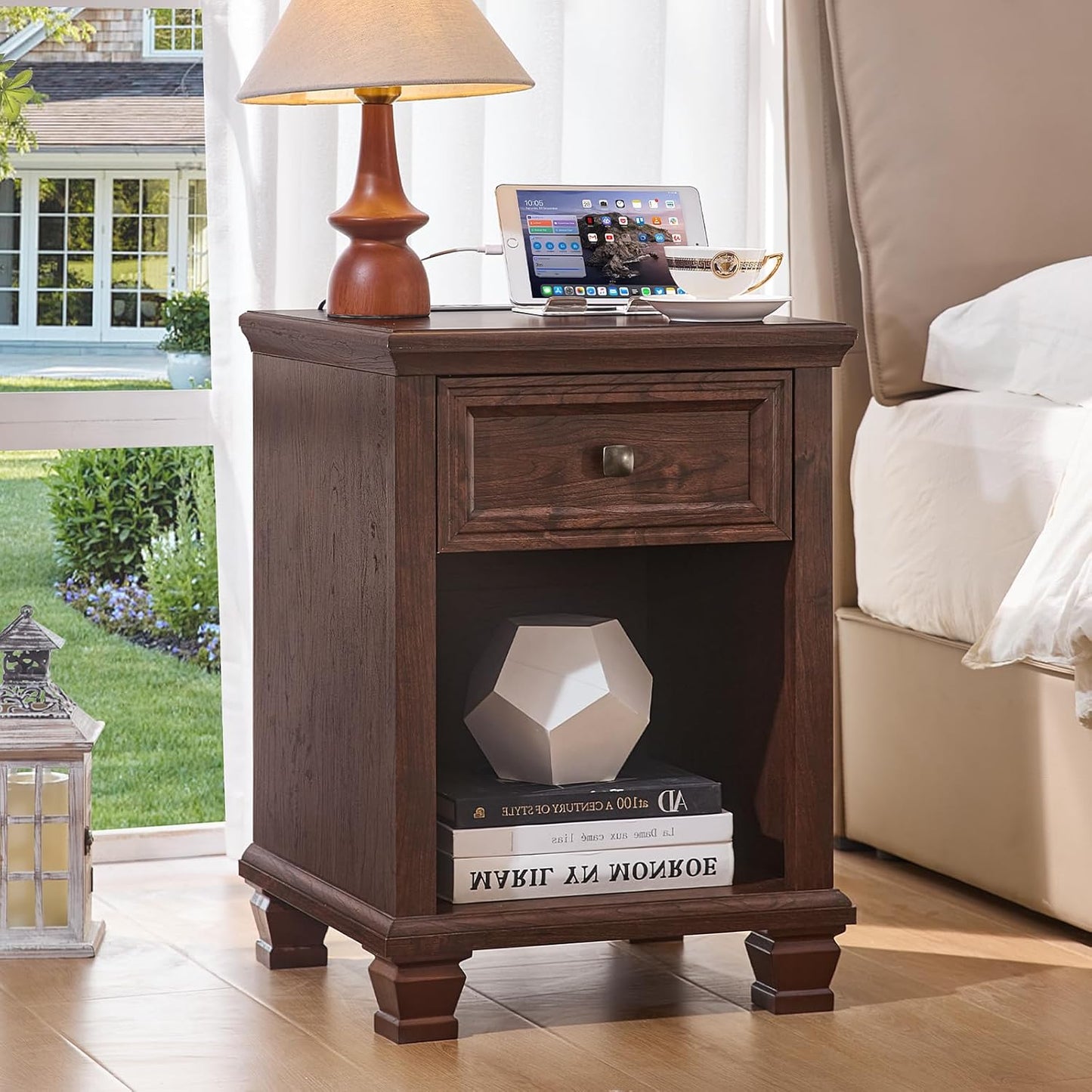 Farmhouse Nightstand Set of 2 with Charging Station, Rustic Black Nightstand,2 Drawers End Table for Living Room,Bedside Table with Open Shelf for Bed Room,Black
