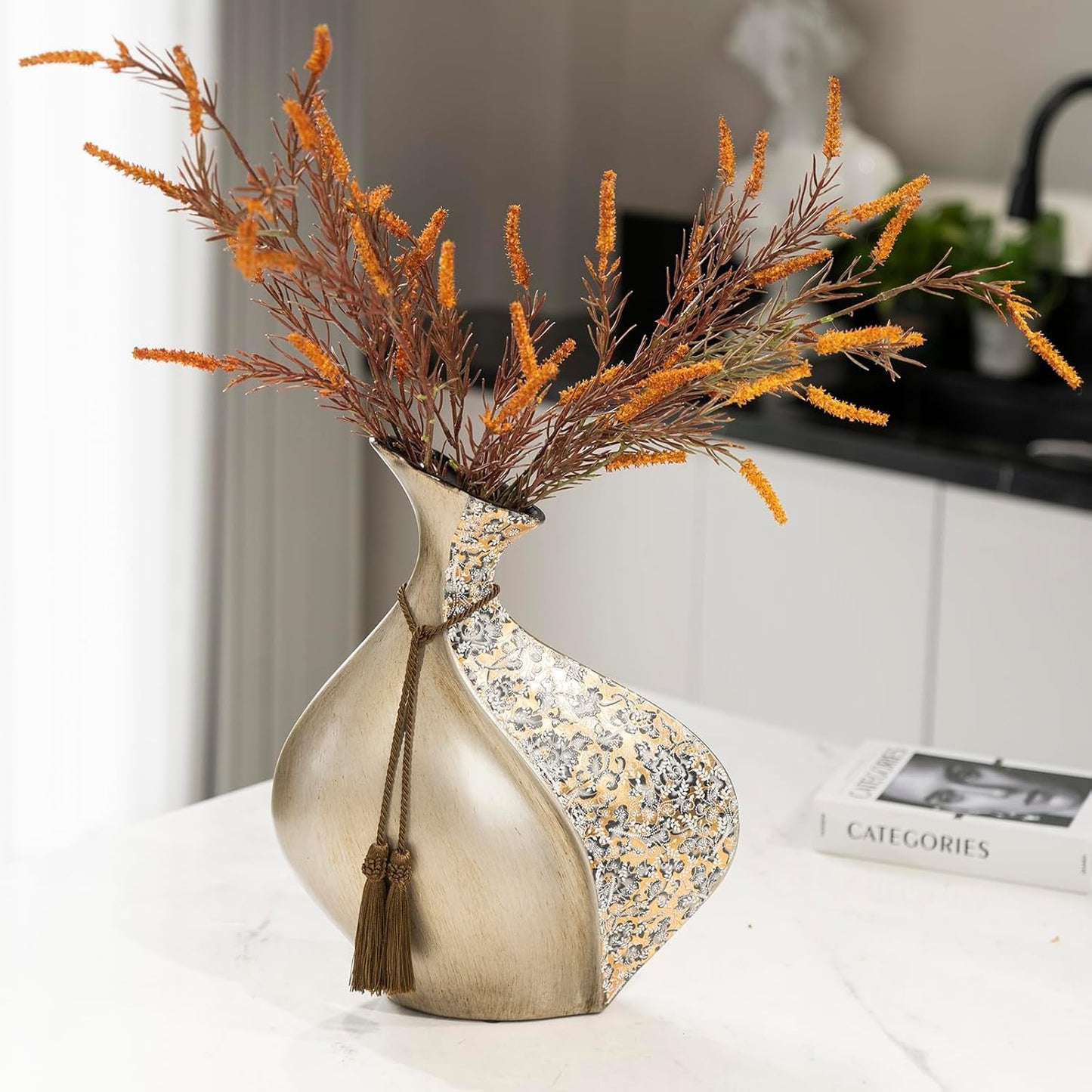 European Style Ceramic Flower Vase |15 Inch Pottery Big Boho Vase for Home Decor, Modern Decorative Vase for Dining Table,Not Suitable for Water, Suitable for Dry Flowers and Simulated Flowers
