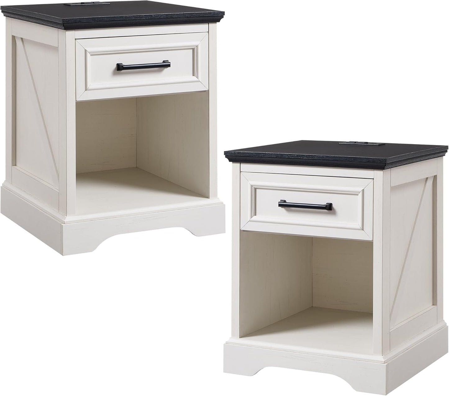 ACCOHOHO 18" Farmhouse Nightstand Set of 2 with Charging Station, Bedside Table with Drawer and Open Storage Shelf, Rustic End Table for Bedroom - Brown