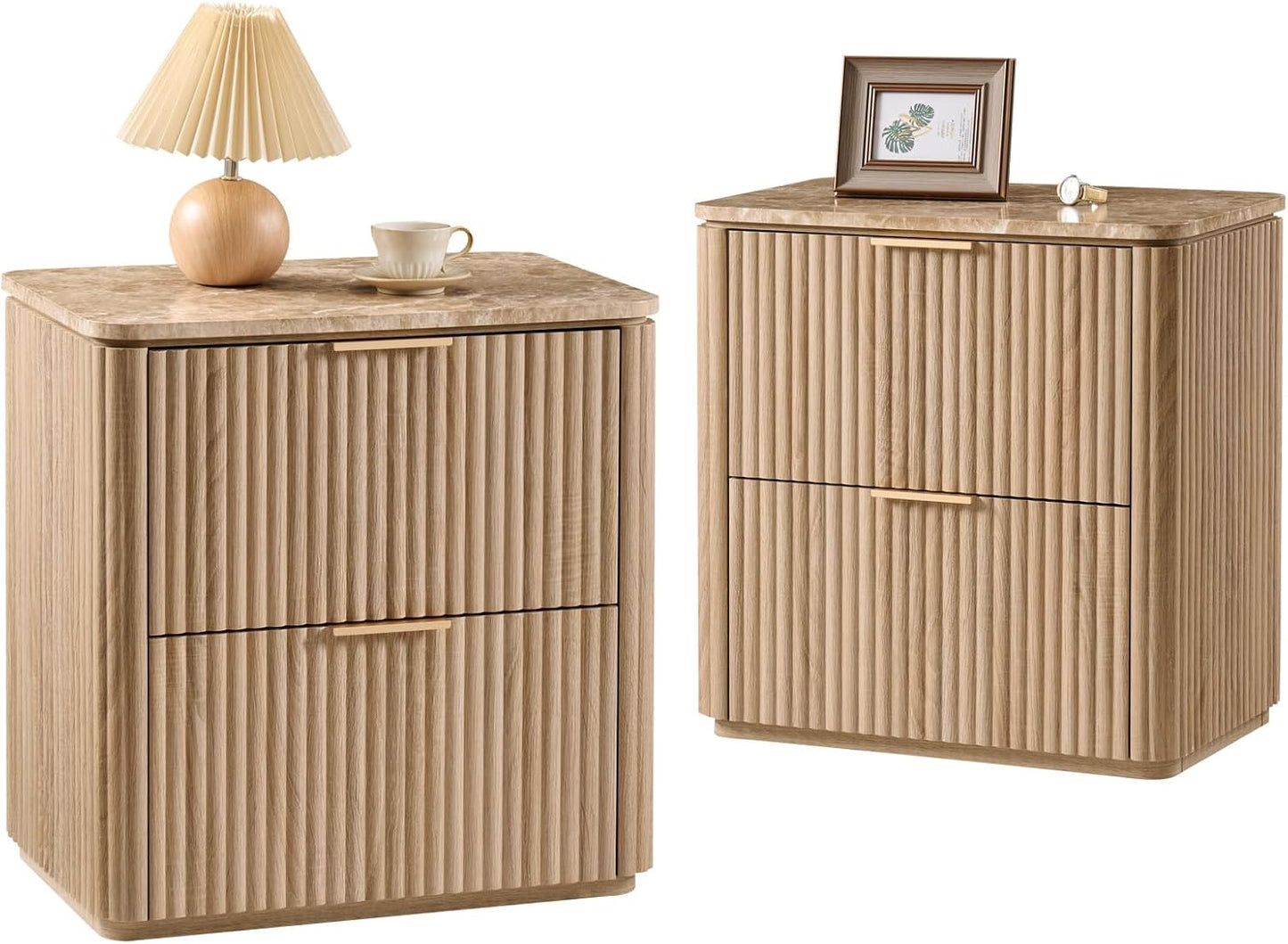 Fluted Nightstand Set of 2, Solid Wood Bedside Table with 3 Drawers, Modern End Table with Faux Marble-Top, Curved Corners, Metal Handle, Large Night Stand for Bedroom, Office, Closet, Natural Oak