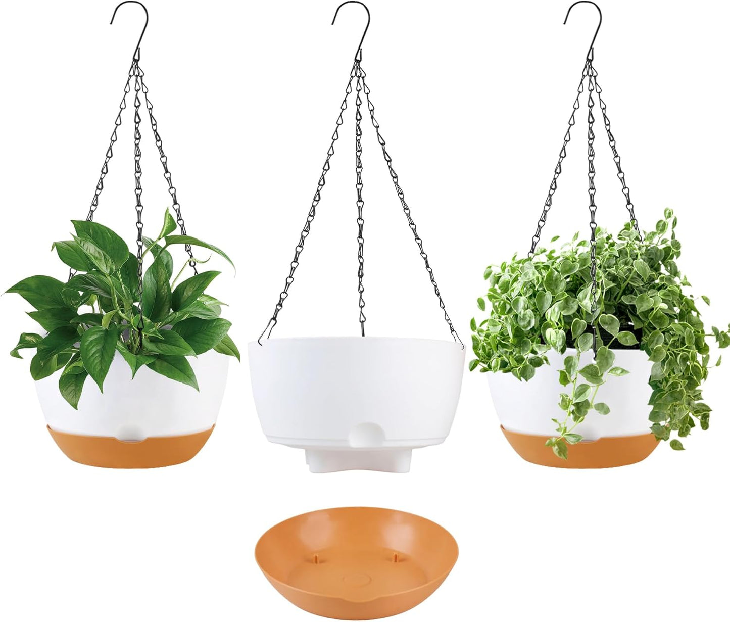 4 Pack Hanging Planter for Plants Indoor,8 Inch Plant Pot Outdoor Plastic Hanging Baskets with Drainage Holes and Chain for Garden Porch Plants(White+Black+Green+Beige)