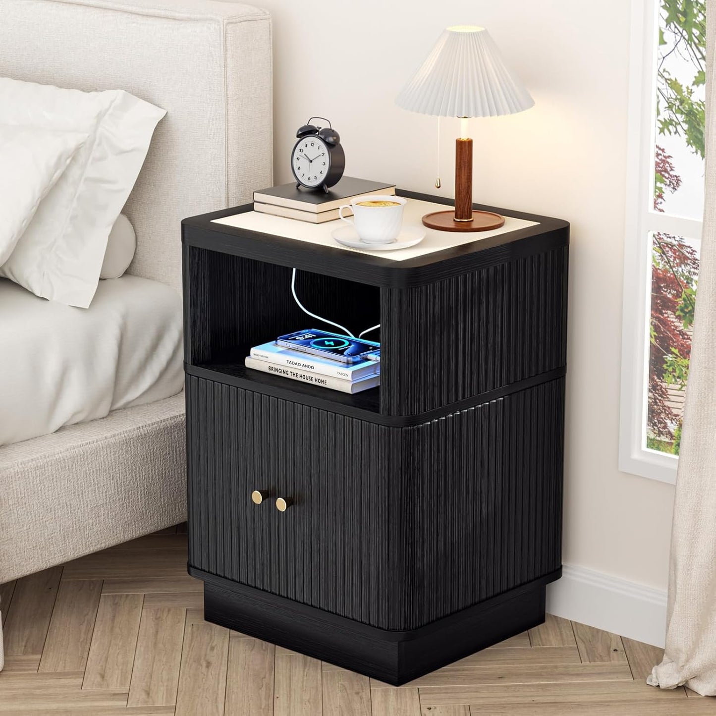 Night Stand with Charger Station, Modern Nightstand Set of 2 with Hidden Drawer, Saddle Leather Top, Smart LED, and Sliding Door Cabinet, for Bedroom, Living Room, Apartment, Dorm, Office, Black