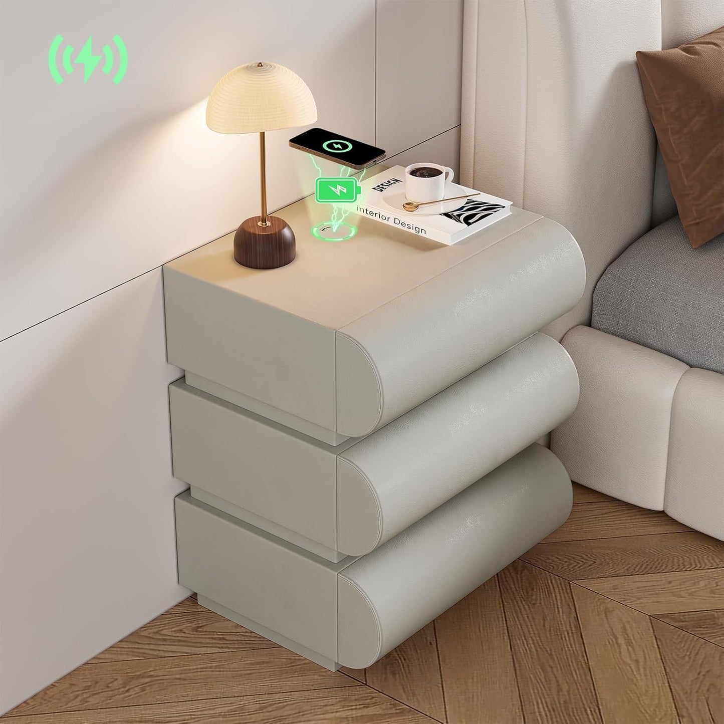 homary White Leather Nightstand with Wireless Charger, Smart Night Stand with Charging Station, Modern Bedside Table with 3 Drawers for Bedrooms Living Rooms Offices