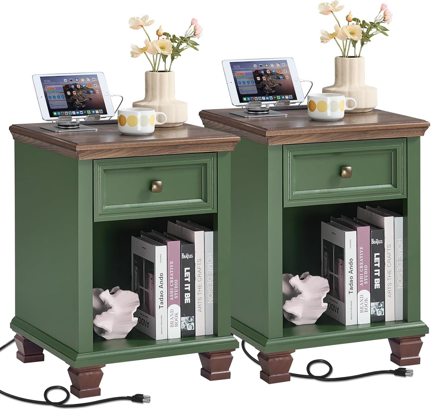 Farmhouse Nightstand Set of 2 with Charging Station, Rustic Black Nightstand,2 Drawers End Table for Living Room,Bedside Table with Open Shelf for Bed Room,Black