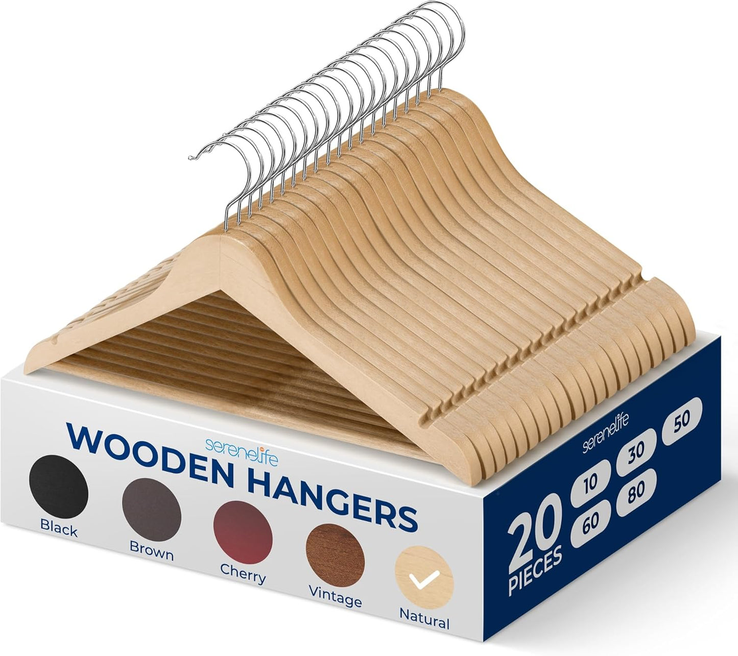 SereneLife 30 Pack Wooden Coat Hangers – Durable Suit Hangers with 360° Swivel Hook & Notches – Slim Design for Shirts, Jackets, Dresses, and More