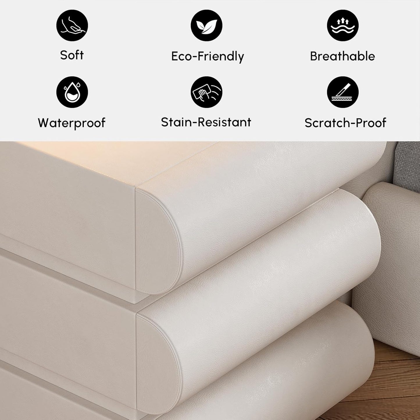 homary White Leather Nightstand with Wireless Charger, Smart Night Stand with Charging Station, Modern Bedside Table with 3 Drawers for Bedrooms Living Rooms Offices