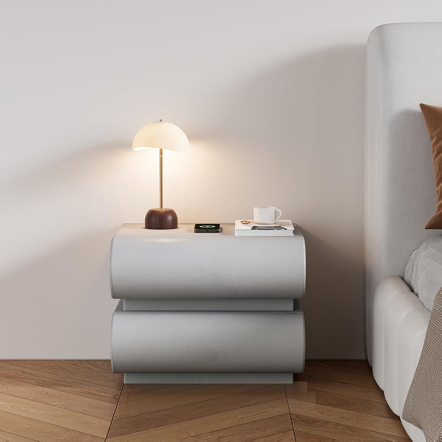 homary White Leather Nightstand with Wireless Charger, Smart Night Stand with Charging Station, Modern Bedside Table with 3 Drawers for Bedrooms Living Rooms Offices