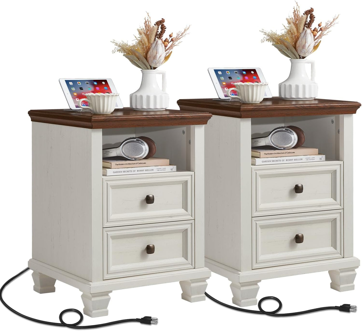 Farmhouse Nightstand Set of 2 with Charging Station, Rustic Black Nightstand,2 Drawers End Table for Living Room,Bedside Table with Open Shelf for Bed Room,Black