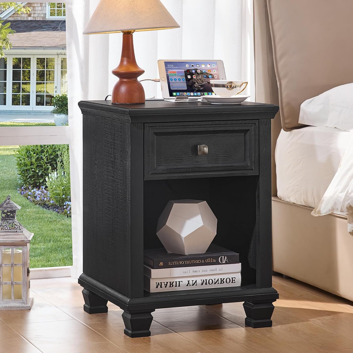 Farmhouse Nightstand Set of 2 with Charging Station, Rustic Black Nightstand,2 Drawers End Table for Living Room,Bedside Table with Open Shelf for Bed Room,Black