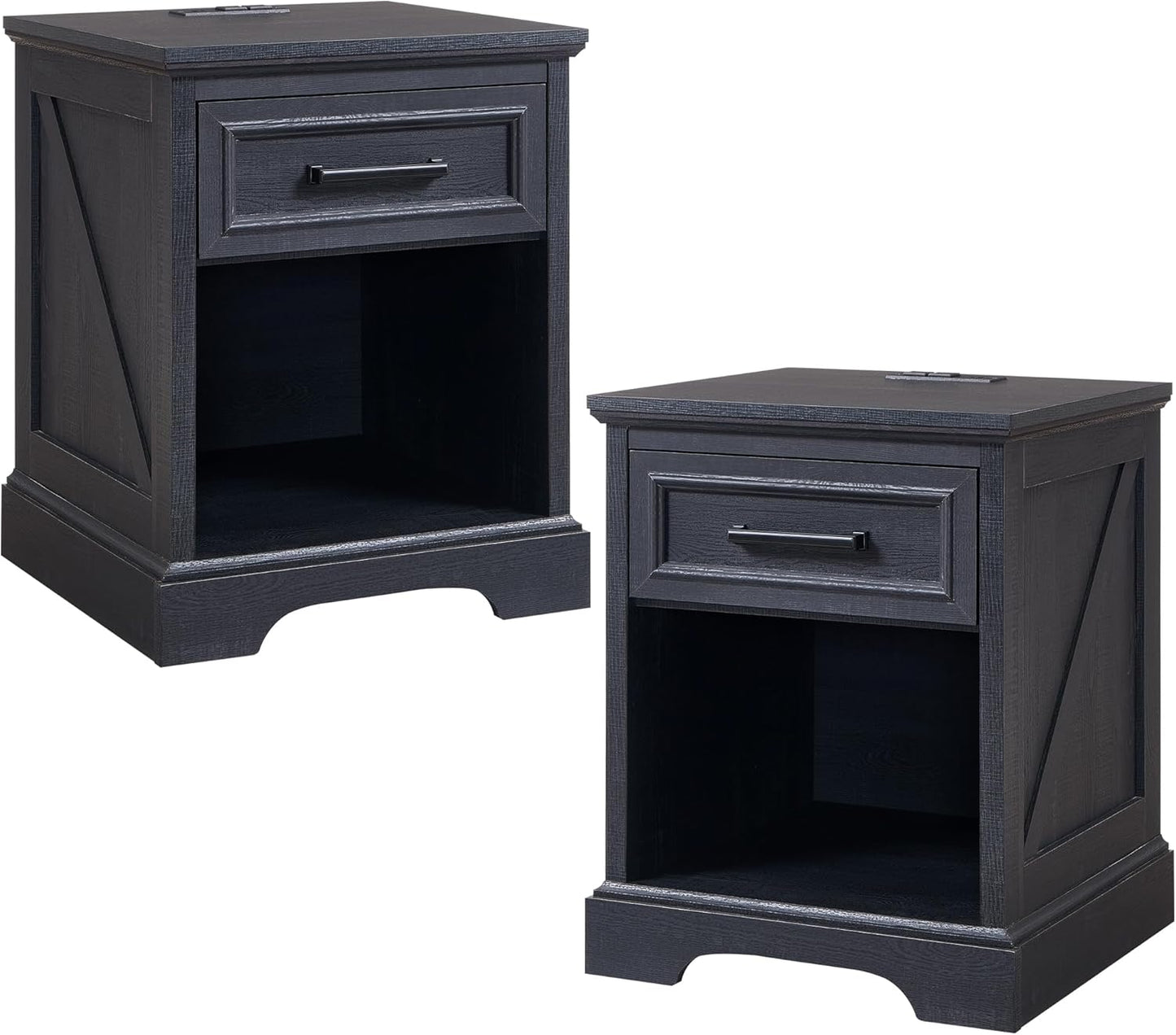 ACCOHOHO 18" Farmhouse Nightstand Set of 2 with Charging Station, Bedside Table with Drawer and Open Storage Shelf, Rustic End Table for Bedroom - Brown