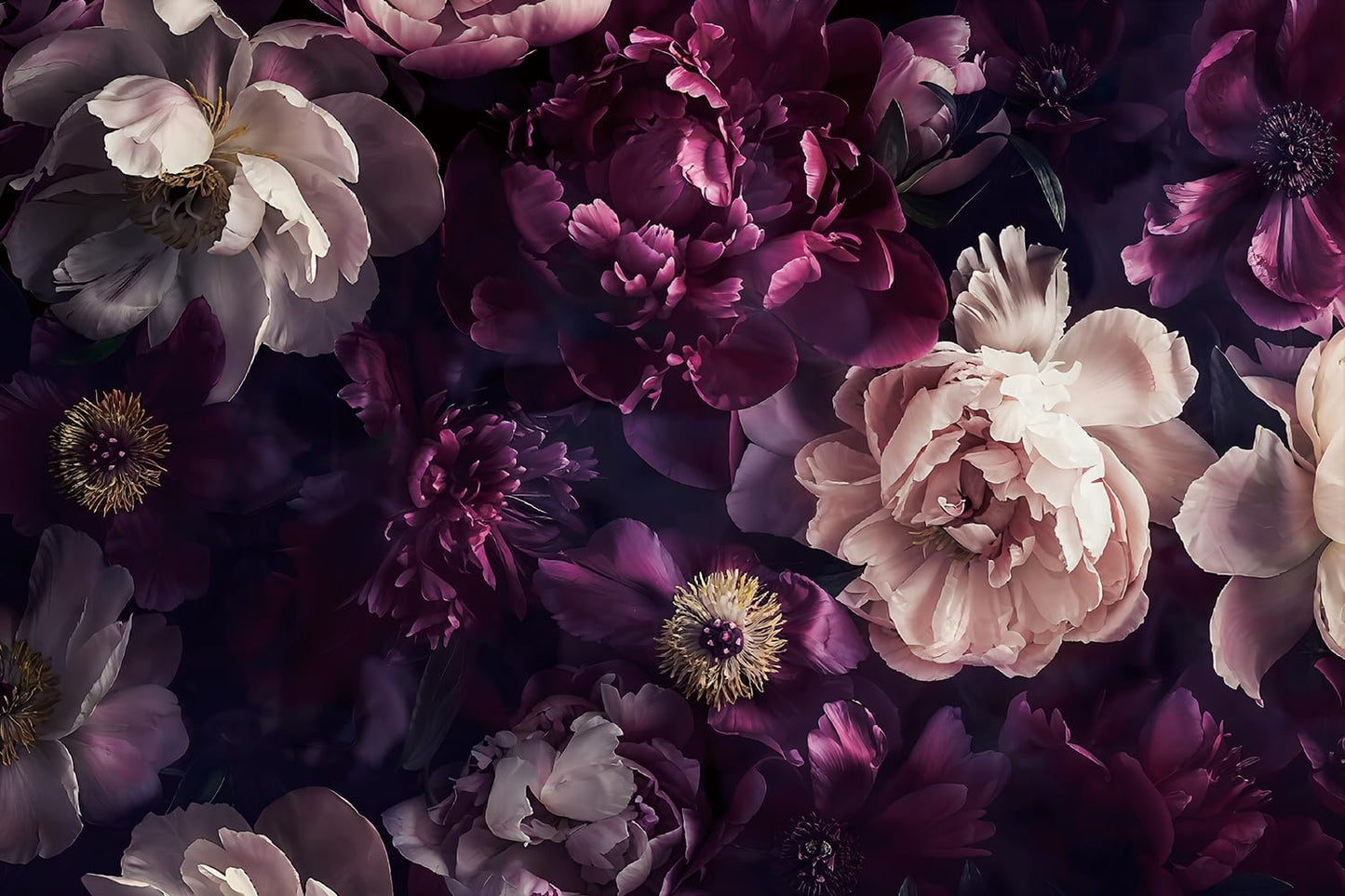 FWIEXA Black Peony Floral Wallpaper, Dark Purple Flower Wall Mural, Green Leaves Mural Wallpaper, Elegant Botanical Wallcovering for Living Room, Bedroom - 141"x96" (Not Peel n' Stick)
