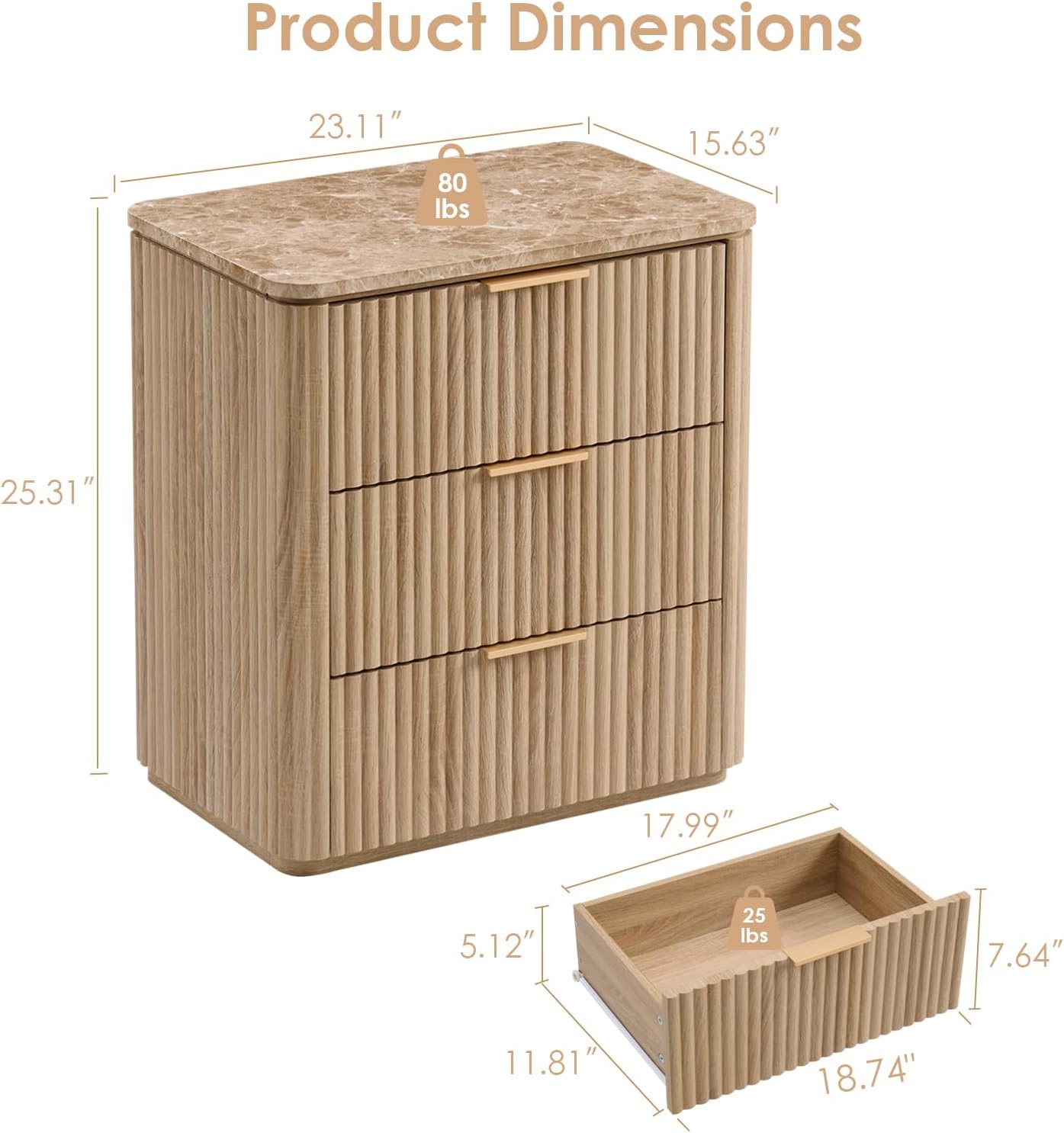 Fluted Nightstand Set of 2, Solid Wood Bedside Table with 3 Drawers, Modern End Table with Faux Marble-Top, Curved Corners, Metal Handle, Large Night Stand for Bedroom, Office, Closet, Natural Oak