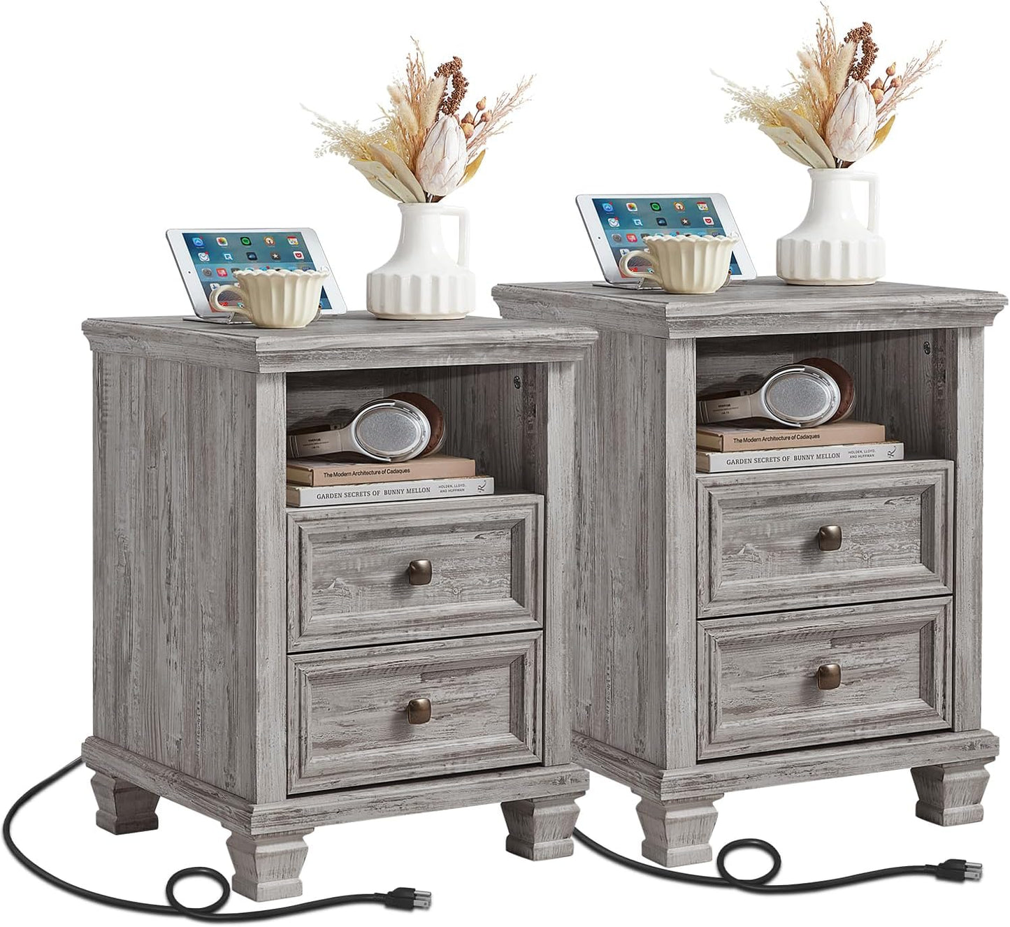 Farmhouse Nightstand Set of 2 with Charging Station, Rustic Black Nightstand,2 Drawers End Table for Living Room,Bedside Table with Open Shelf for Bed Room,Black