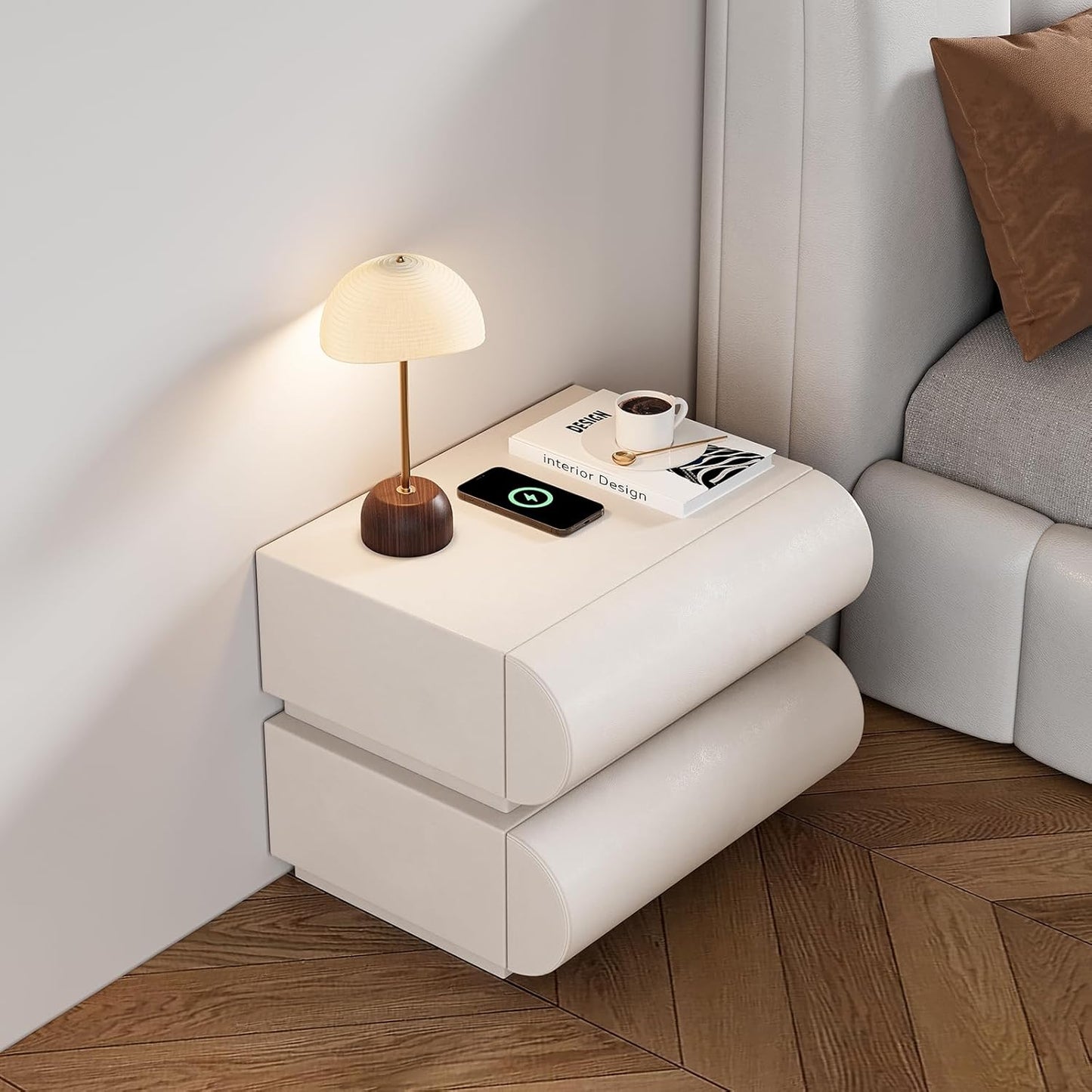 homary White Leather Nightstand with Wireless Charger, Smart Night Stand with Charging Station, Modern Bedside Table with 3 Drawers for Bedrooms Living Rooms Offices