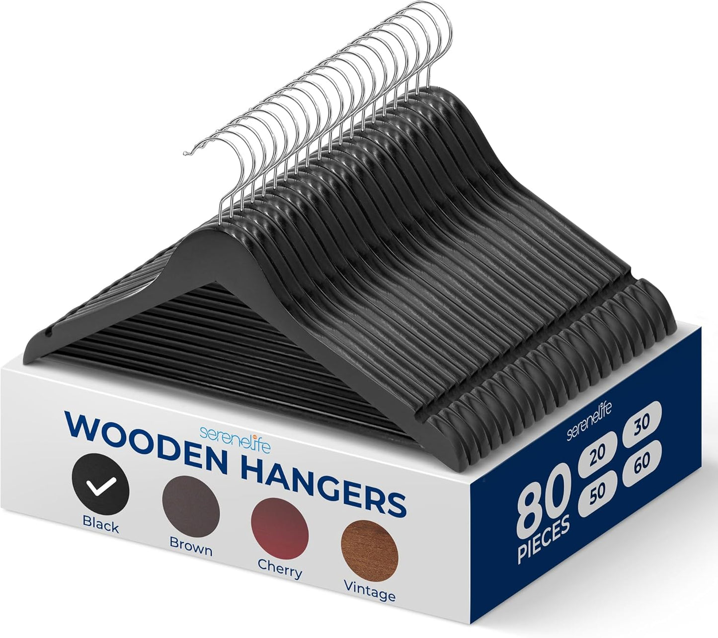 SereneLife 30 Pack Wooden Coat Hangers – Durable Suit Hangers with 360° Swivel Hook & Notches – Slim Design for Shirts, Jackets, Dresses, and More