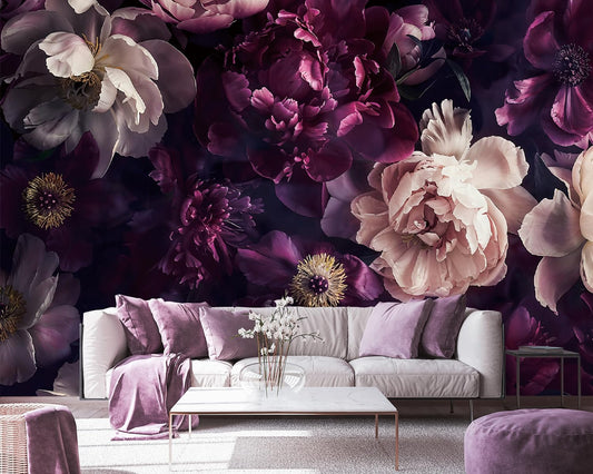FWIEXA Black Peony Floral Wallpaper, Dark Purple Flower Wall Mural, Green Leaves Mural Wallpaper, Elegant Botanical Wallcovering for Living Room, Bedroom - 141"x96" (Not Peel n' Stick)