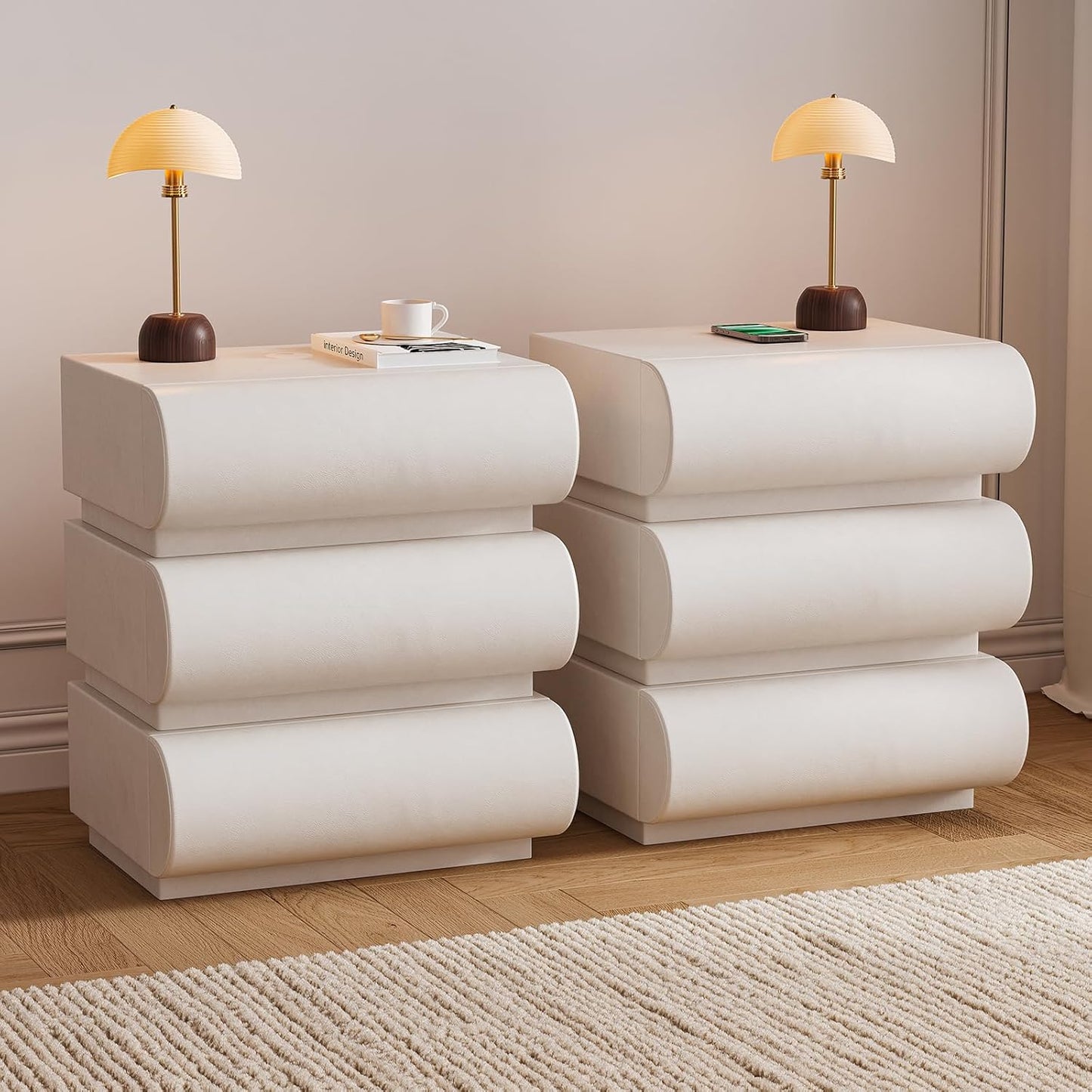 homary White Leather Nightstand with Wireless Charger, Smart Night Stand with Charging Station, Modern Bedside Table with 3 Drawers for Bedrooms Living Rooms Offices