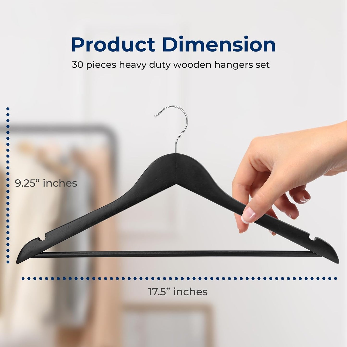 SereneLife 30 Pack Wooden Coat Hangers – Durable Suit Hangers with 360° Swivel Hook & Notches – Slim Design for Shirts, Jackets, Dresses, and More