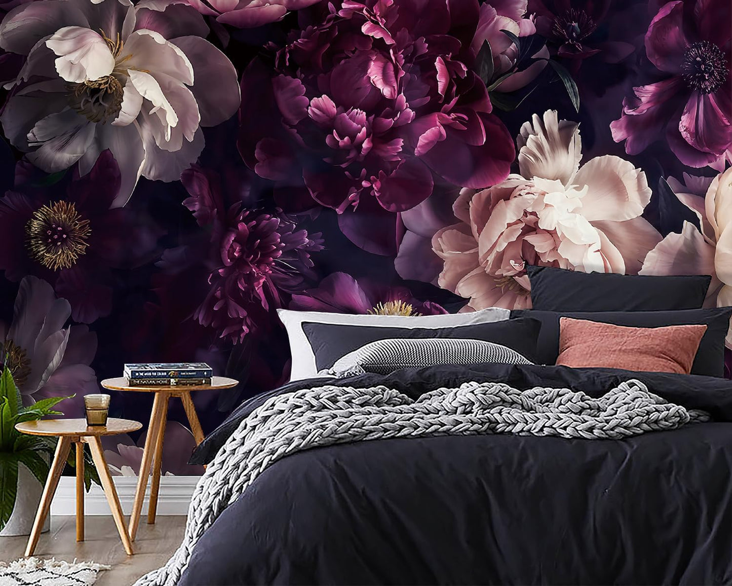 FWIEXA Black Peony Floral Wallpaper, Dark Purple Flower Wall Mural, Green Leaves Mural Wallpaper, Elegant Botanical Wallcovering for Living Room, Bedroom - 141"x96" (Not Peel n' Stick)