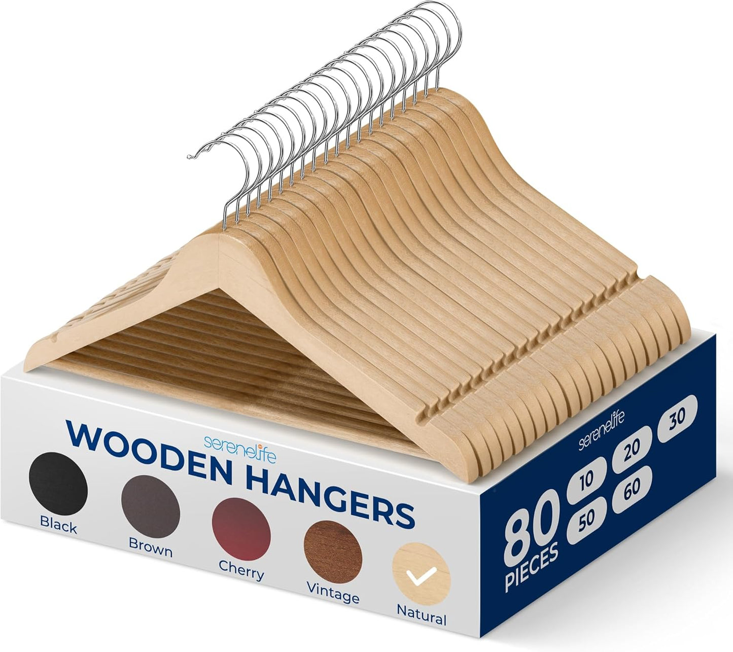 SereneLife 30 Pack Wooden Coat Hangers – Durable Suit Hangers with 360° Swivel Hook & Notches – Slim Design for Shirts, Jackets, Dresses, and More