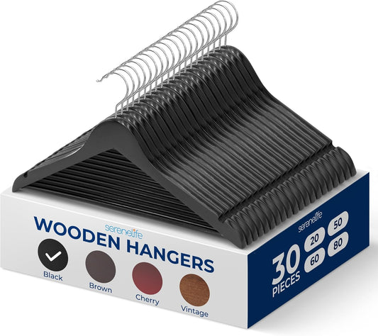SereneLife 30 Pack Wooden Coat Hangers – Durable Suit Hangers with 360° Swivel Hook & Notches – Slim Design for Shirts, Jackets, Dresses, and More
