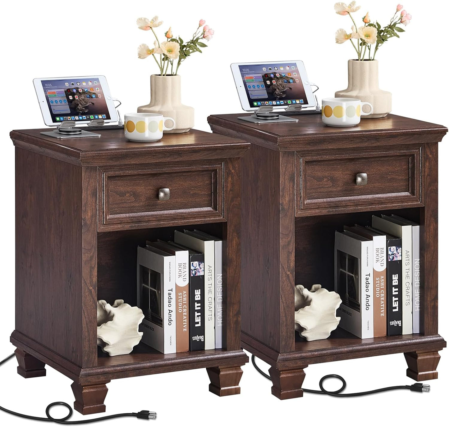 Farmhouse Nightstand Set of 2 with Charging Station, Rustic Black Nightstand,2 Drawers End Table for Living Room,Bedside Table with Open Shelf for Bed Room,Black