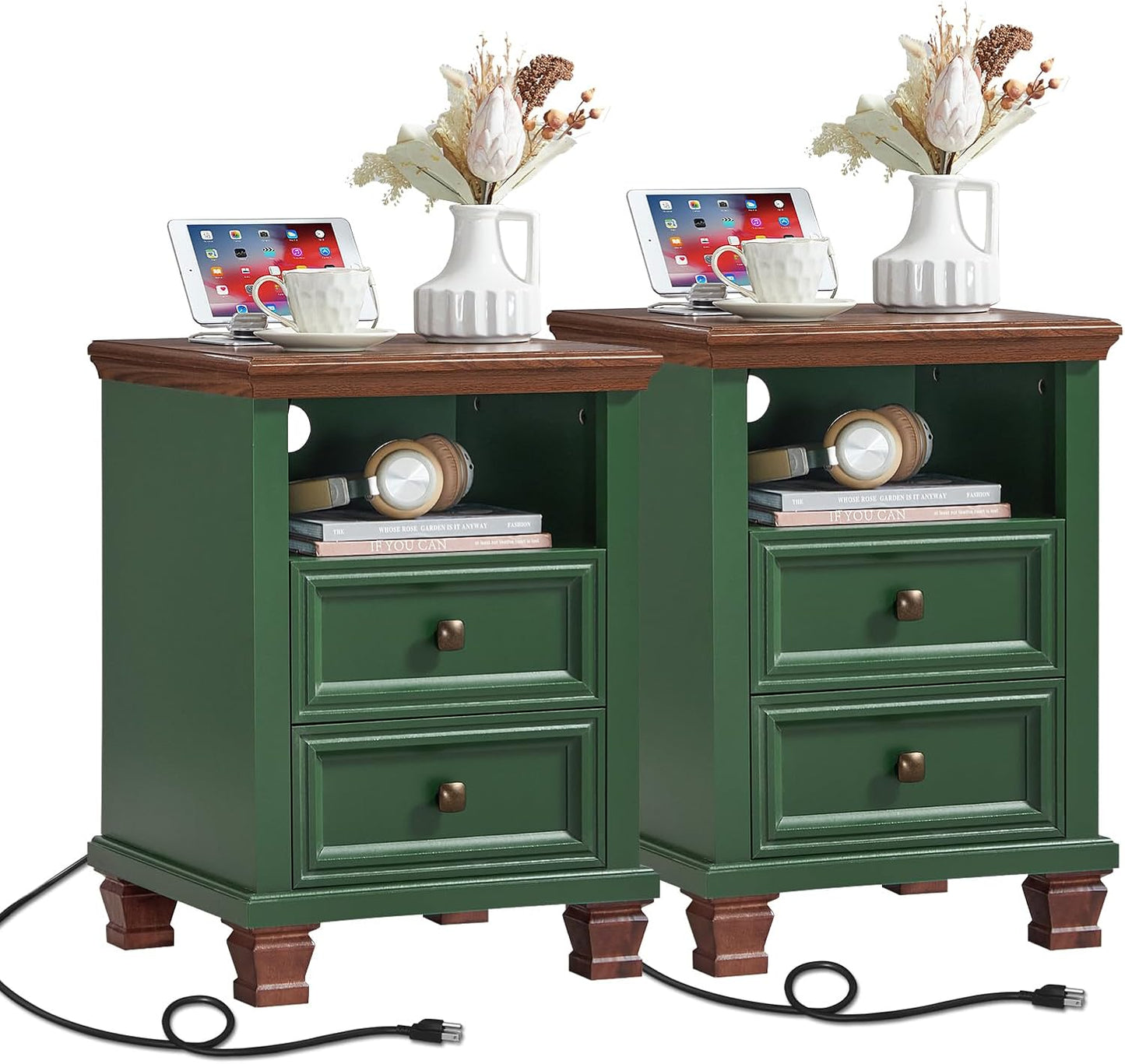 Farmhouse Nightstand Set of 2 with Charging Station, Rustic Black Nightstand,2 Drawers End Table for Living Room,Bedside Table with Open Shelf for Bed Room,Black