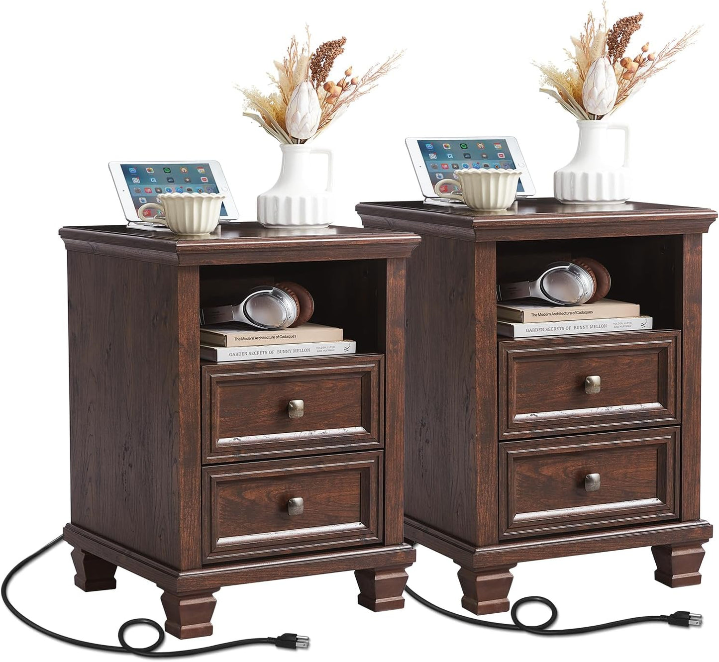 Farmhouse Nightstand Set of 2 with Charging Station, Rustic Black Nightstand,2 Drawers End Table for Living Room,Bedside Table with Open Shelf for Bed Room,Black