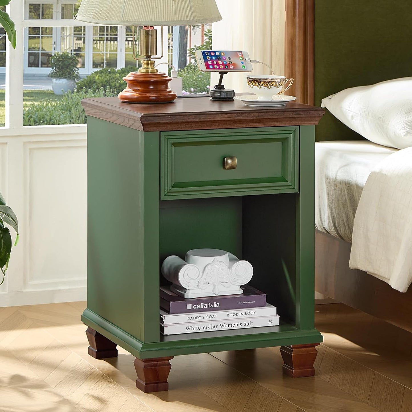 Farmhouse Nightstand Set of 2 with Charging Station, Rustic Black Nightstand,2 Drawers End Table for Living Room,Bedside Table with Open Shelf for Bed Room,Black