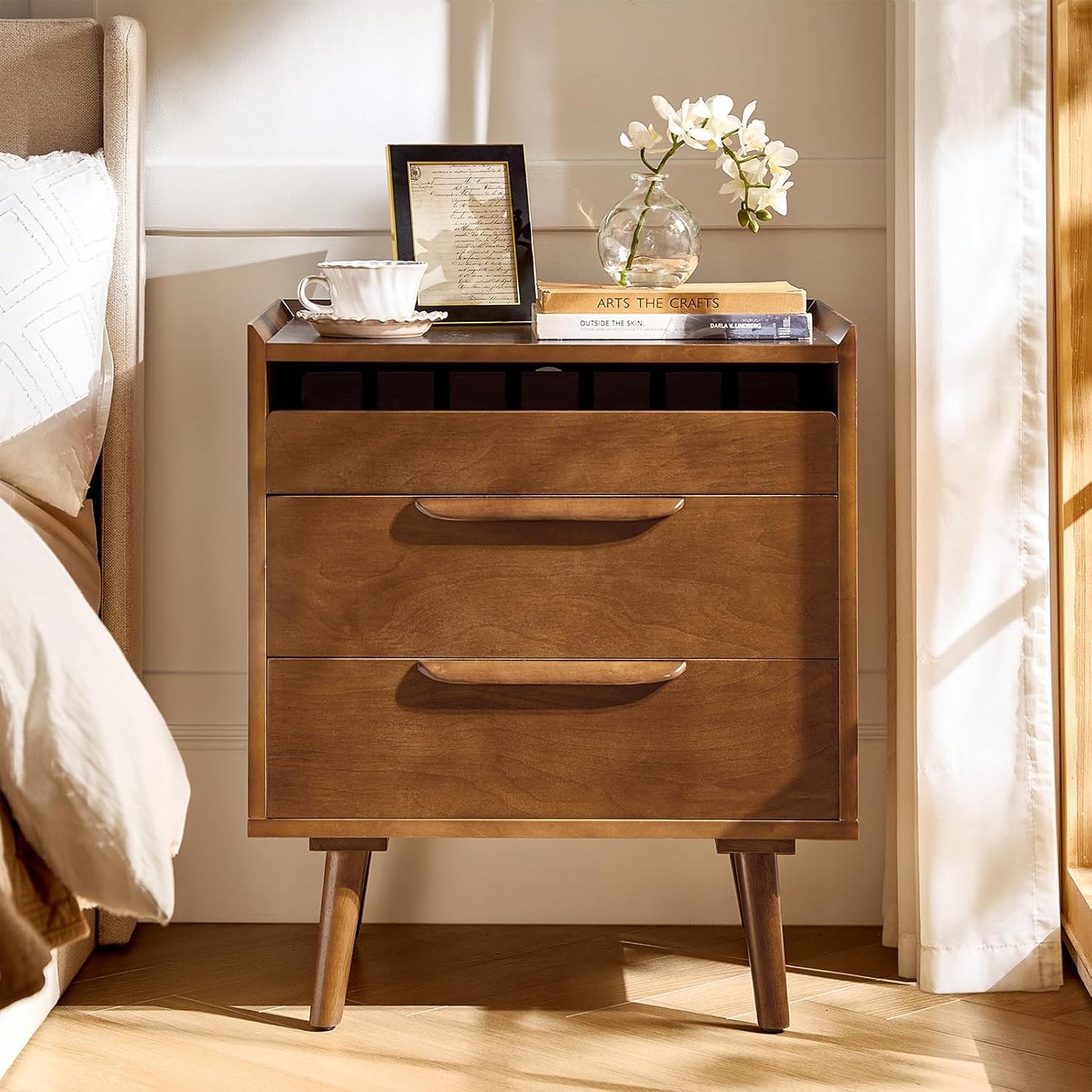 HULALA HOME Nightstand with Charging Station, Mid-Century Modern 2 Drawer and Open Shelf Bedside Tables, Wood Night Stand with USB Ports and Outlets for Bedroom Set of 2, Acorn