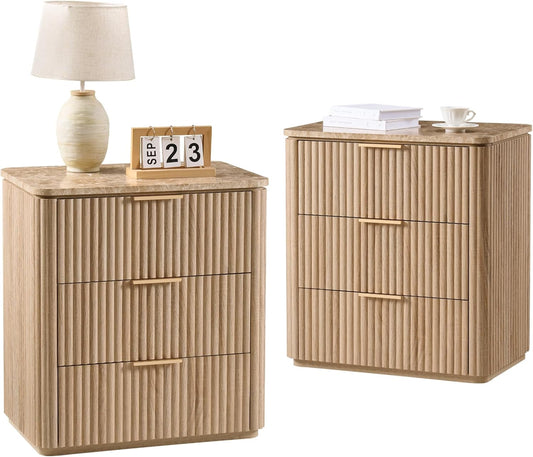 Fluted Nightstand Set of 2, Solid Wood Bedside Table with 3 Drawers, Modern End Table with Faux Marble-Top, Curved Corners, Metal Handle, Large Night Stand for Bedroom, Office, Closet, Natural Oak