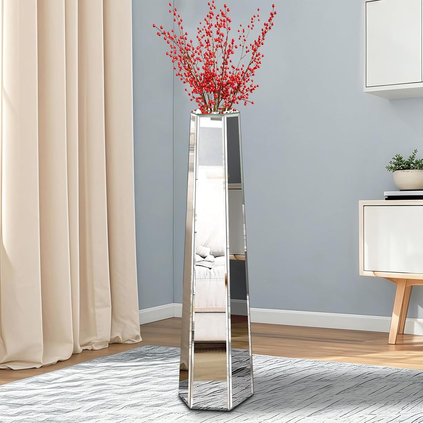27" Tall Crushed Diamond Floor Vase, Silver Large Vases for Decor Living Room, Crystal Mirrored Home Decor Vases for Dried Flower