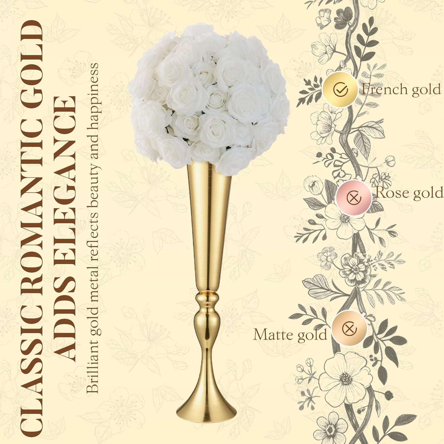 12 Pcs Tall Gold Trumpet Vases for Centerpieces & Wedding Tables - 21.65" Tall Gold Flower Vase Set with Weighted Base, Metal Trumpet Centerpieces for Tables (Bases para Centros de Mesa)